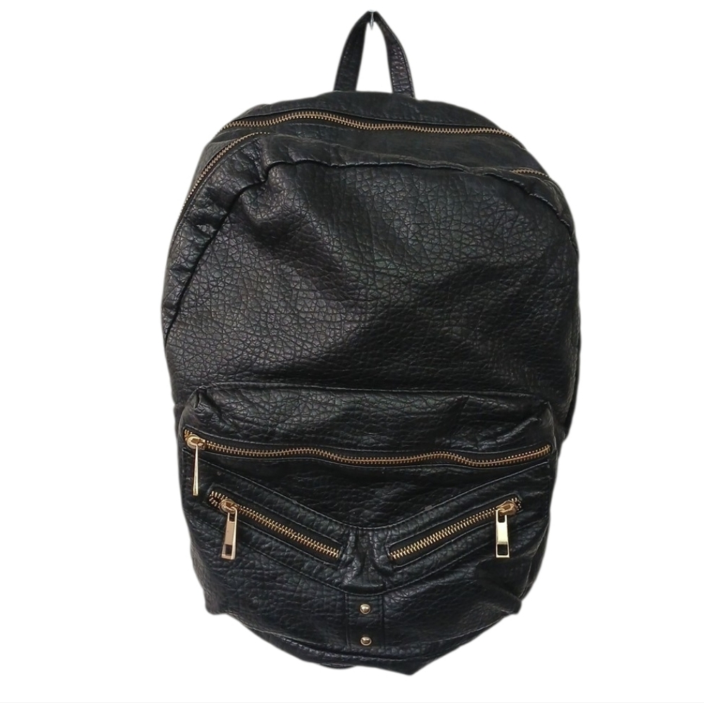 Under One Sky Black Textured Faux Leather Backpack with Gold Zippers